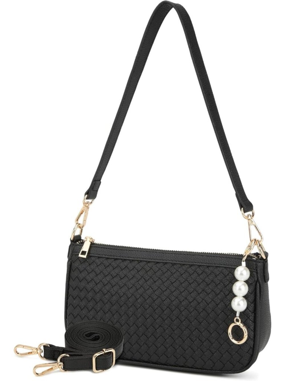 Stylish Vegan Leather Crossbody Bag - Small Woven Hobo Handbag with 3 Straps